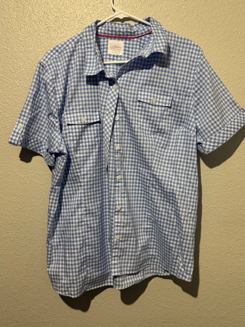 L.L.Bean Blue White Check Short Sleeve Button-Up Shirt Men’s XL